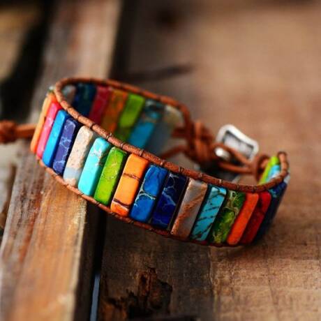 7 Chakra Bracelet Jewelry Handmade Natural Stone Tube Beads Leather